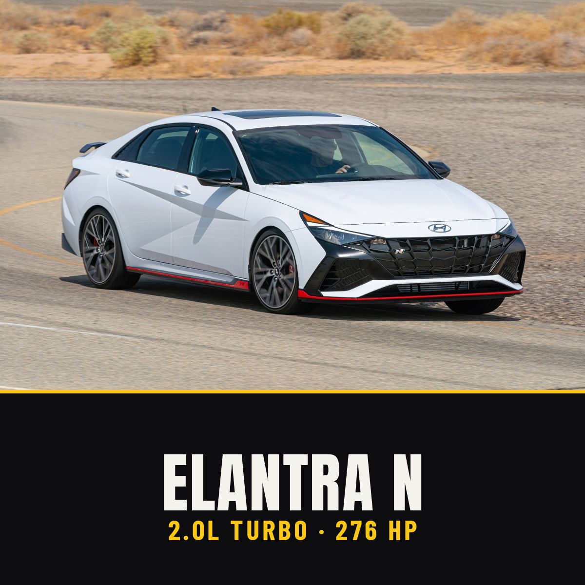 Elantra N tee design: the white Elantra N on a desert road above the words ELANTRA N — 2.0L Turbo · 276 HP