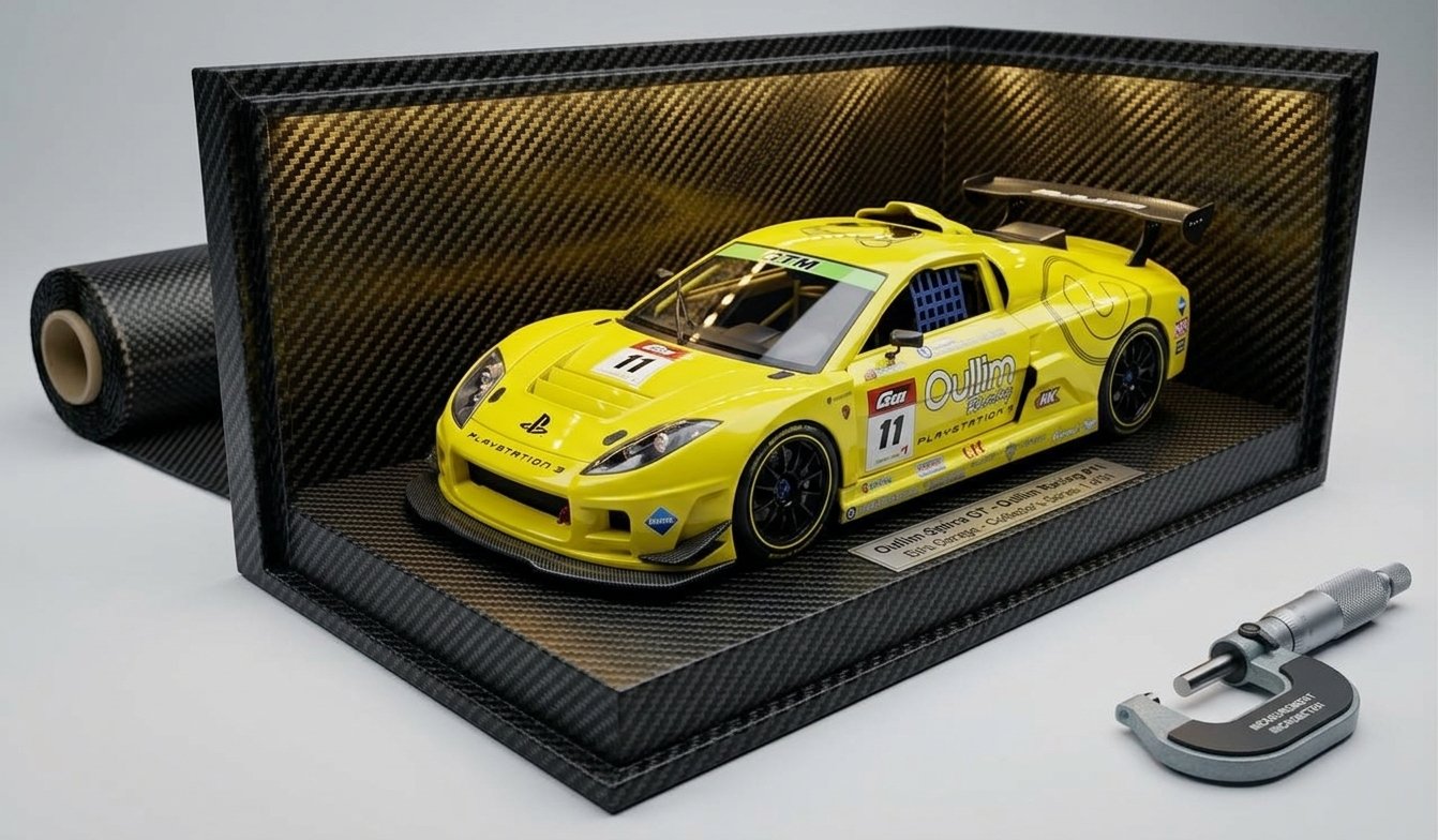 Race Car Diecast included in the Everything Bundle: yellow #11 Oullim Racing GTM diecast model presented in a carbon display case