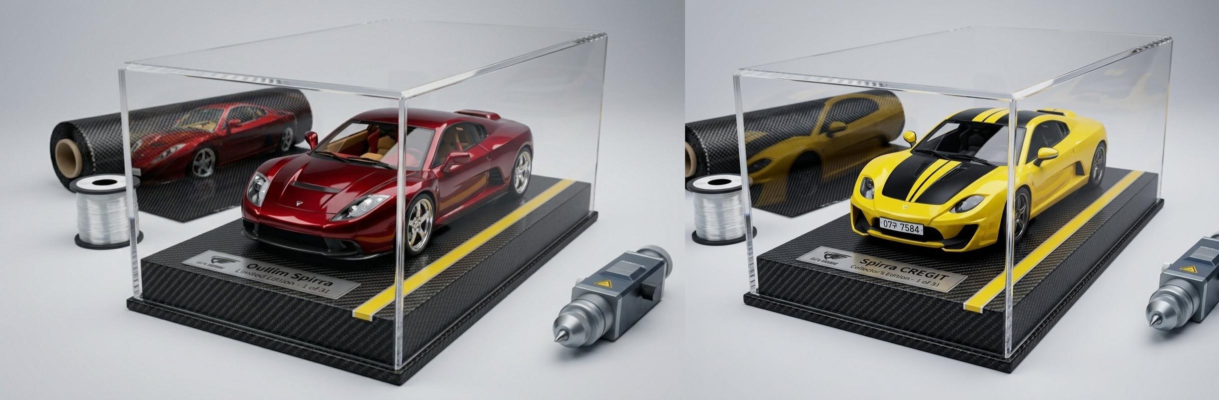 Original Diecast — both styles side by side: the red Oullim Spirra (Normal style) and the yellow CREGiT Spirra with black stripes in a clear case (CREGiT style), each presented in a carbon display case
