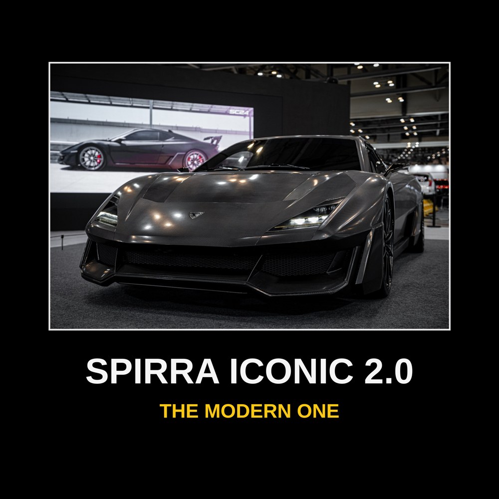 Iconic 2.0 tee design: the carbon-fiber Spirra Iconic 2.0 show car framed above the words SPIRRA ICONIC 2.0 — The Modern One
