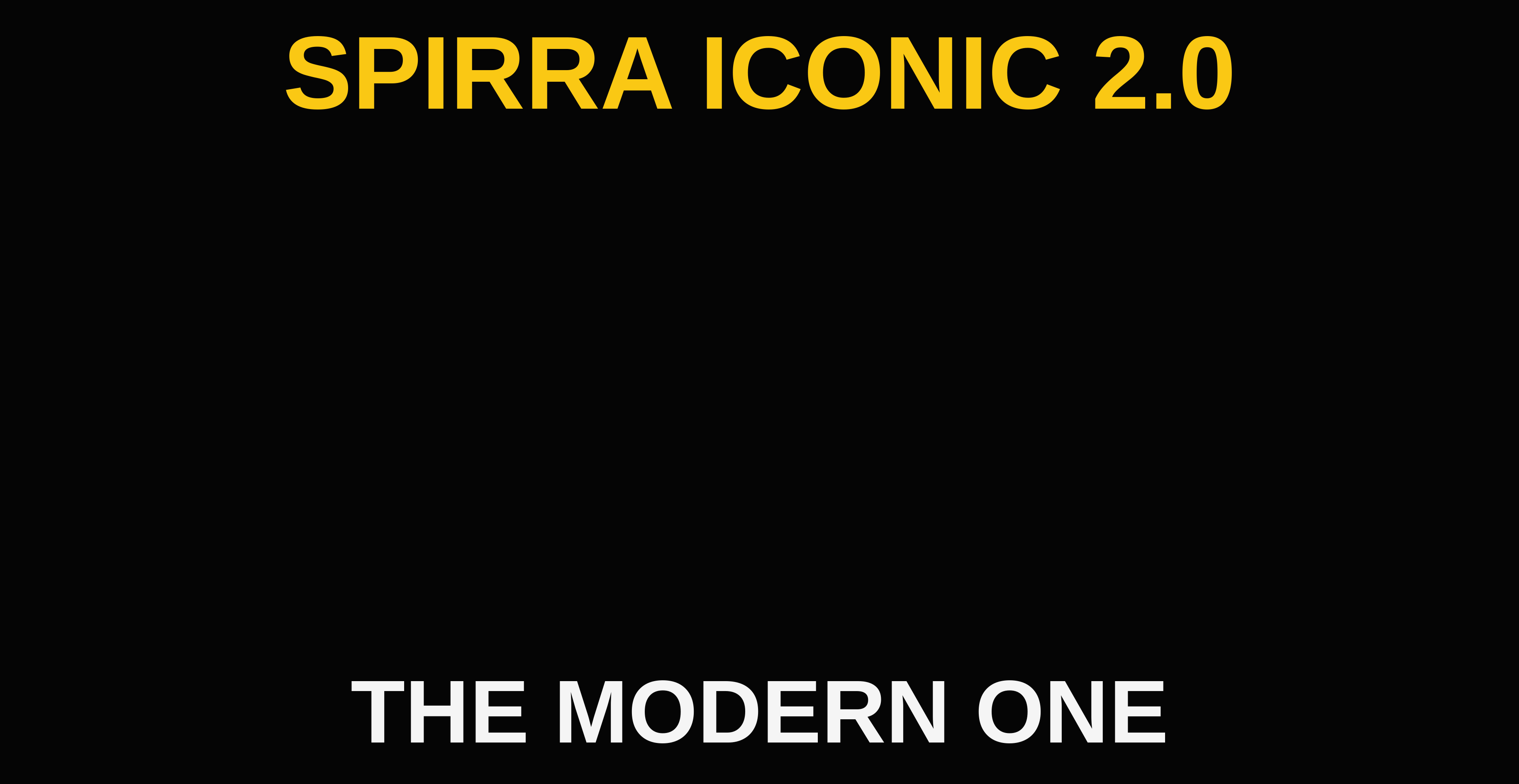 Iconic 2.0 license plate frame design: black frame with SPIRRA ICONIC 2.0 in yellow on the top rail and THE MODERN ONE in white on the bottom rail
